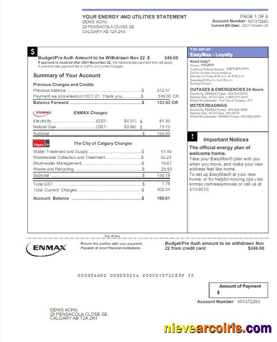 CANADA ENMAX utility bill